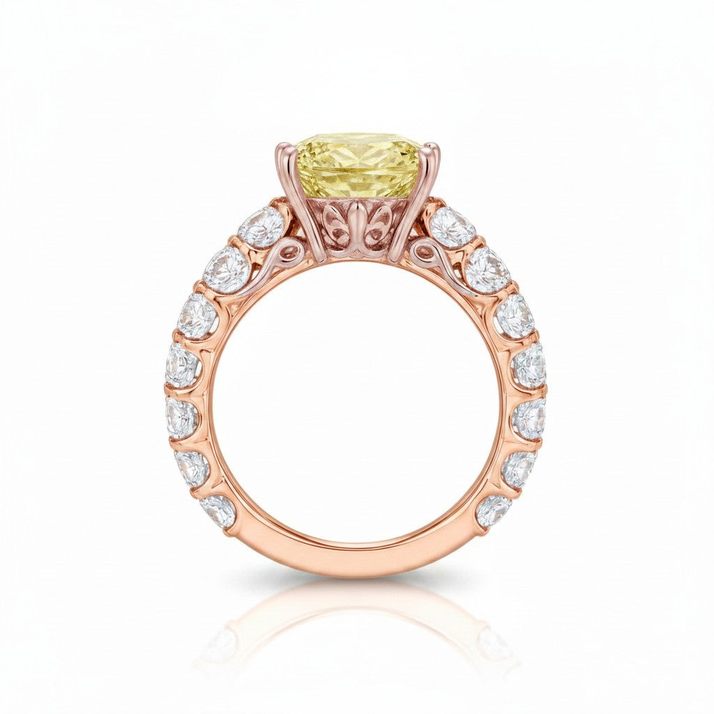 My Store 4 18K gold ring featuring a fancy yellow radiant-cut lab diamond with a diamond-encrusted band