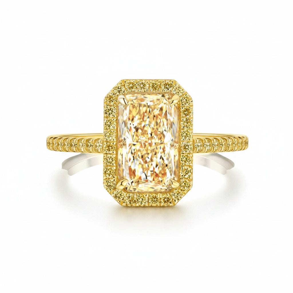 My Store 4 18K solid gold radiant-cut fancy yellow lab diamond ring with a pavé halo setting on a white background.