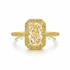 My Store 4 18K solid gold radiant-cut fancy yellow lab diamond ring with a pavé halo setting on a white background.