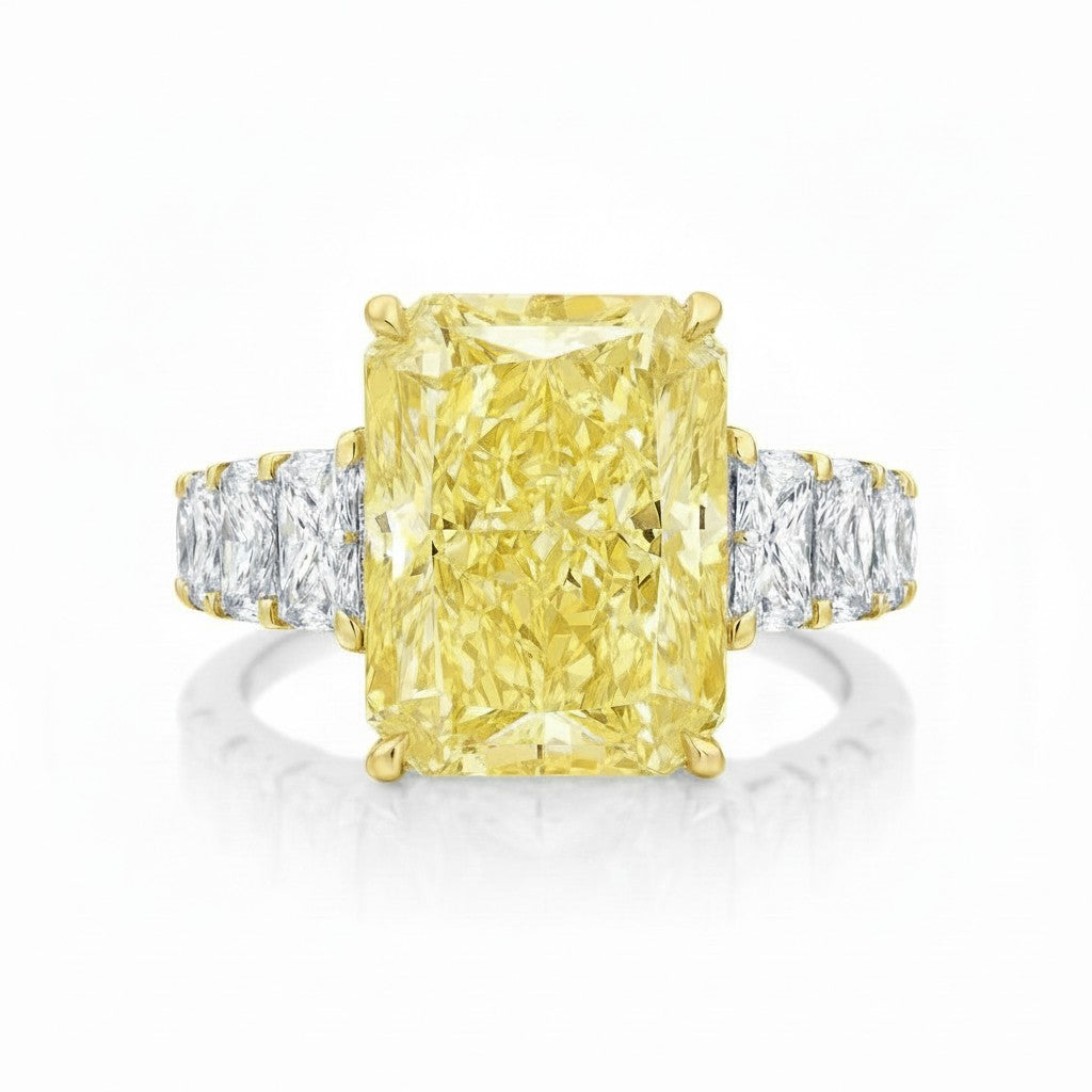My Store 4 18K solid gold engagement ring featuring a radiant-cut fancy yellow lab-grown diamond with side stones.