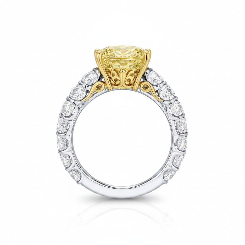 My Store 4 18K gold ring featuring a radiant-cut fancy yellow lab diamond with white diamond pavé band