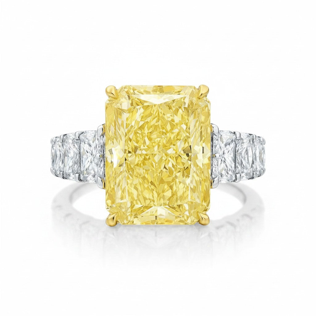 My Store 4 18K solid gold engagement ring featuring a radiant-cut fancy yellow lab-grown diamond with side stones.