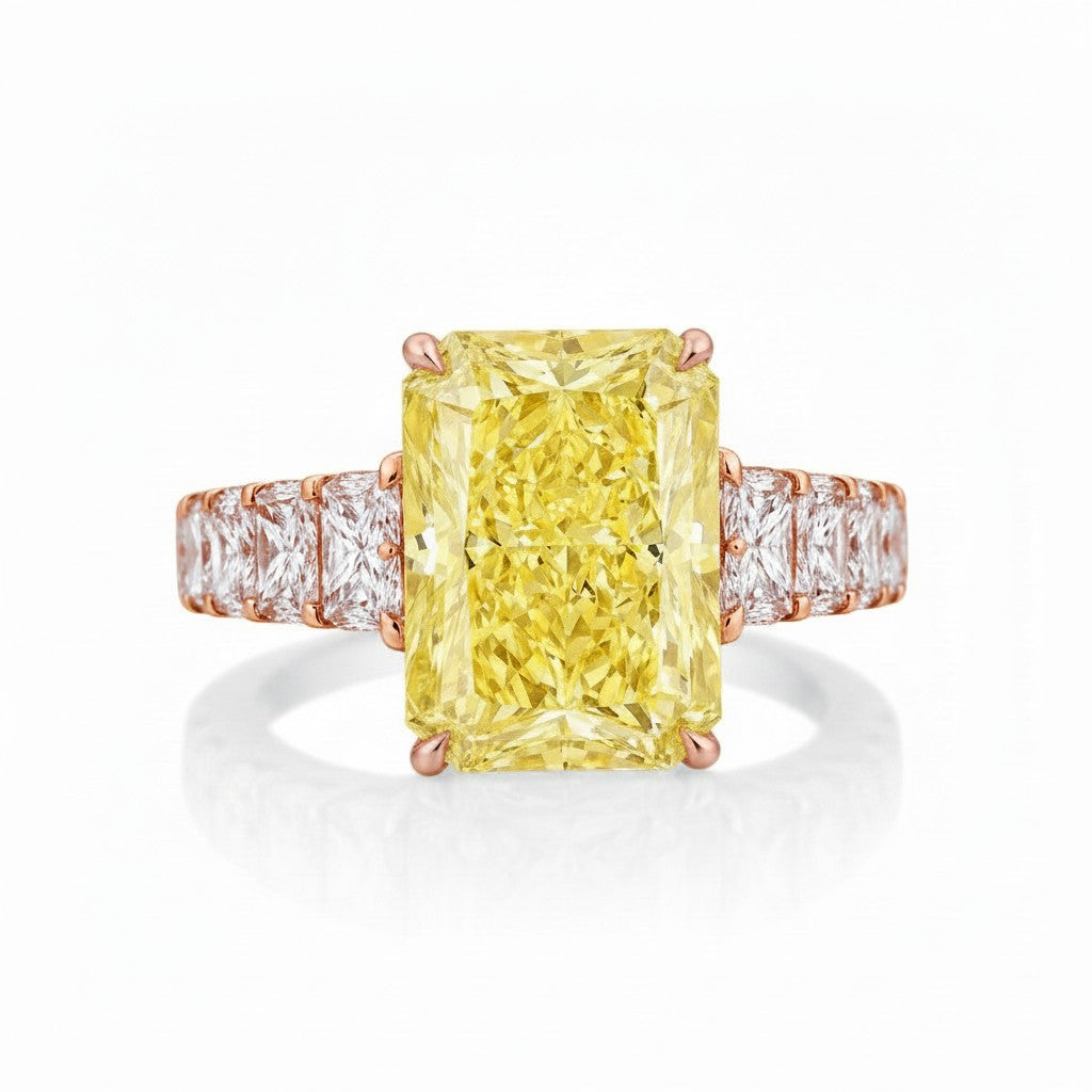 My Store 4 18K solid gold engagement ring featuring a radiant-cut fancy yellow lab-grown diamond with side stones.