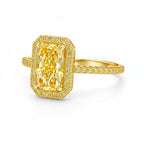 My Store 4 18K solid gold radiant-cut fancy yellow lab diamond ring with halo and pavé setting on a white background.