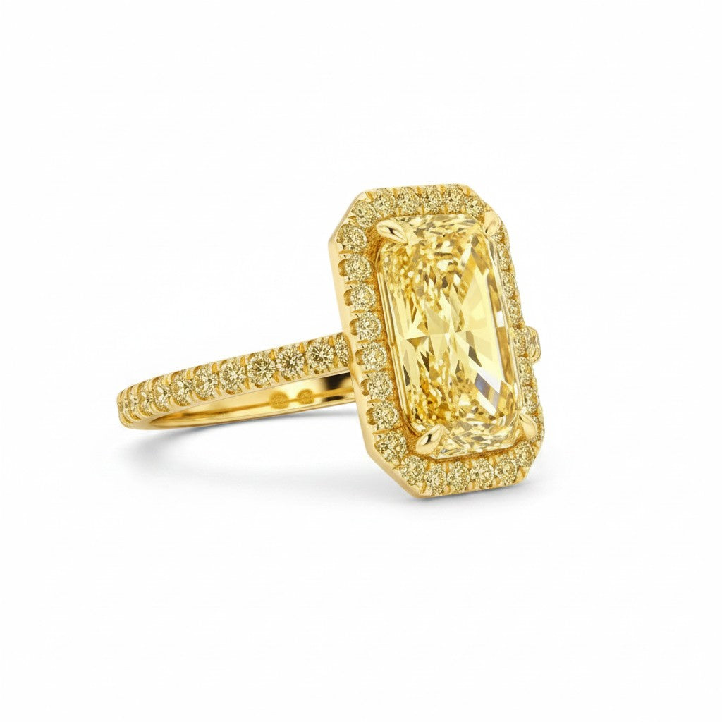 My Store 4 18K solid gold radiant-cut fancy yellow lab diamond ring with a pavé halo setting