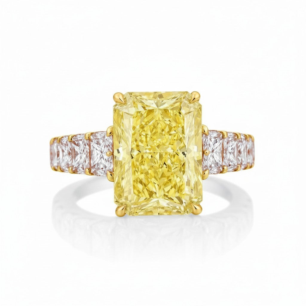 My Store 4 18K solid gold ring featuring a radiant-cut fancy yellow lab-grown diamond with side accent stones.