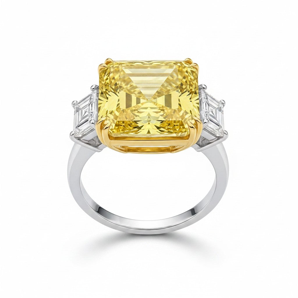 My Store 4 18K gold trilogy ring featuring a radiant-cut fancy yellow lab-grown diamond with side baguette diamonds.