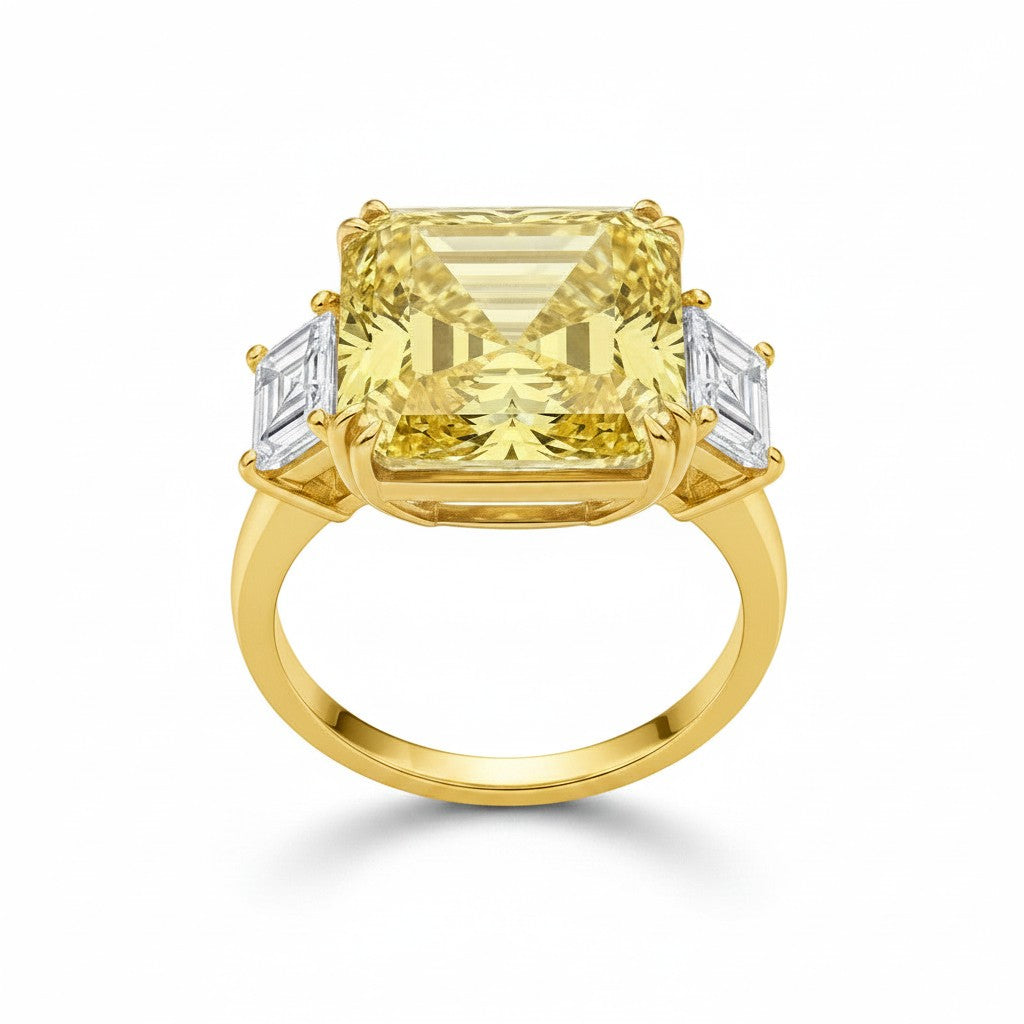 My Store 4 18K solid gold trilogy ring featuring a radiant-cut fancy yellow lab-grown diamond and side stones.