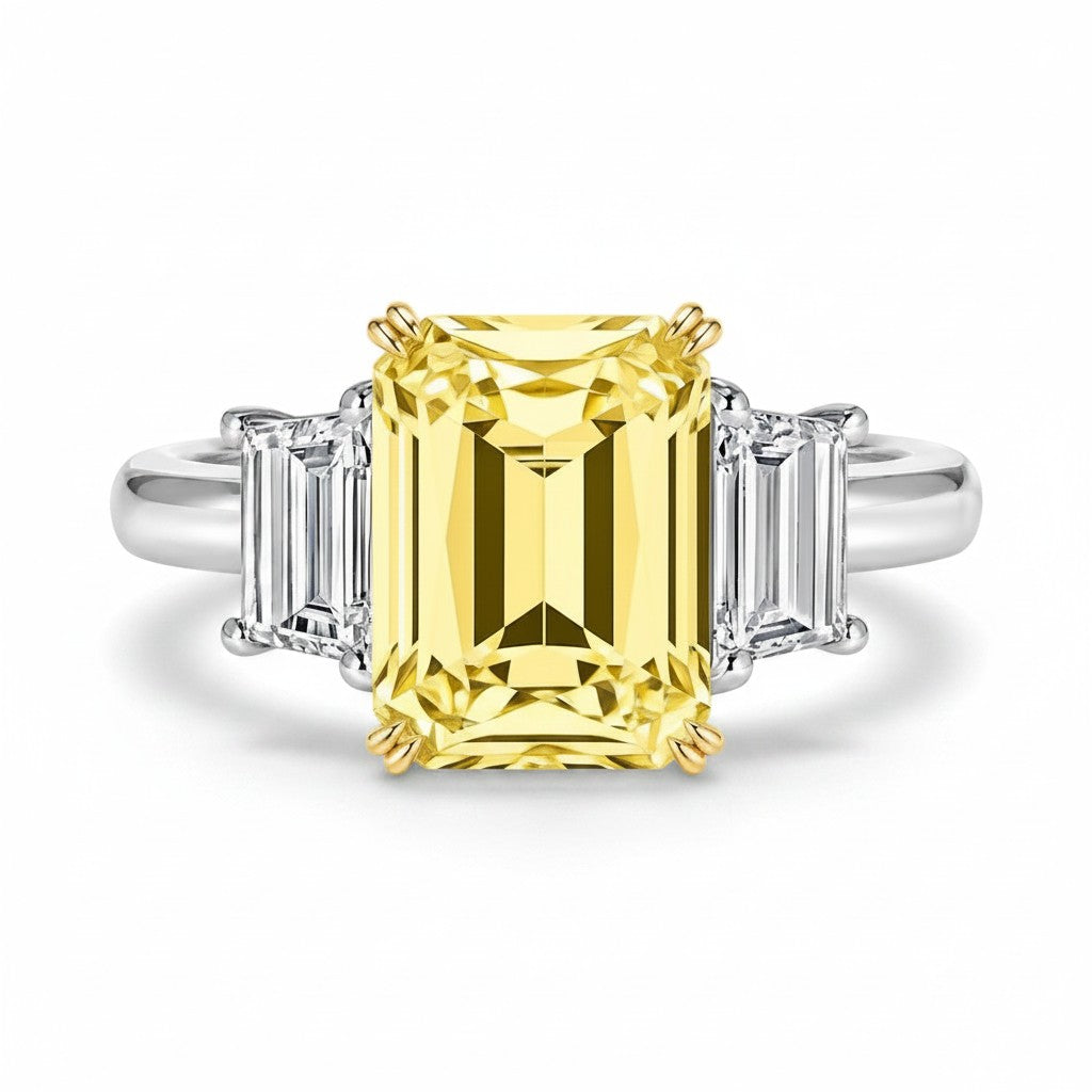 My Store 4 18K solid gold trilogy ring featuring a radiant-cut fancy yellow lab-grown diamond and side stones.