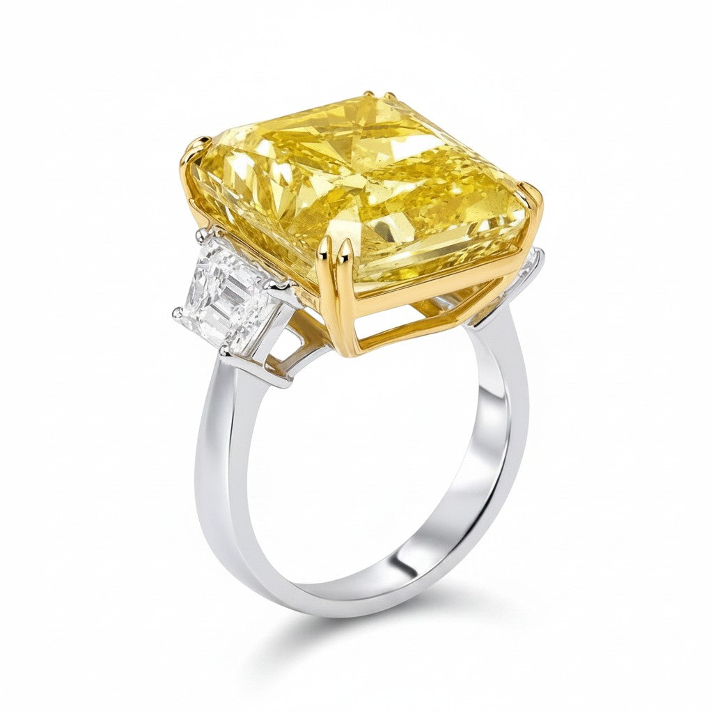 My Store 4 18K gold trilogy ring featuring a radiant-cut fancy yellow lab-grown diamond with side stones