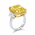 My Store 4 18K gold trilogy ring featuring a radiant-cut fancy yellow lab-grown diamond with side stones
