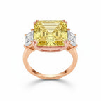My Store 4 18K rose gold trilogy ring featuring a radiant-cut fancy yellow lab-grown diamond and side baguette stones.
