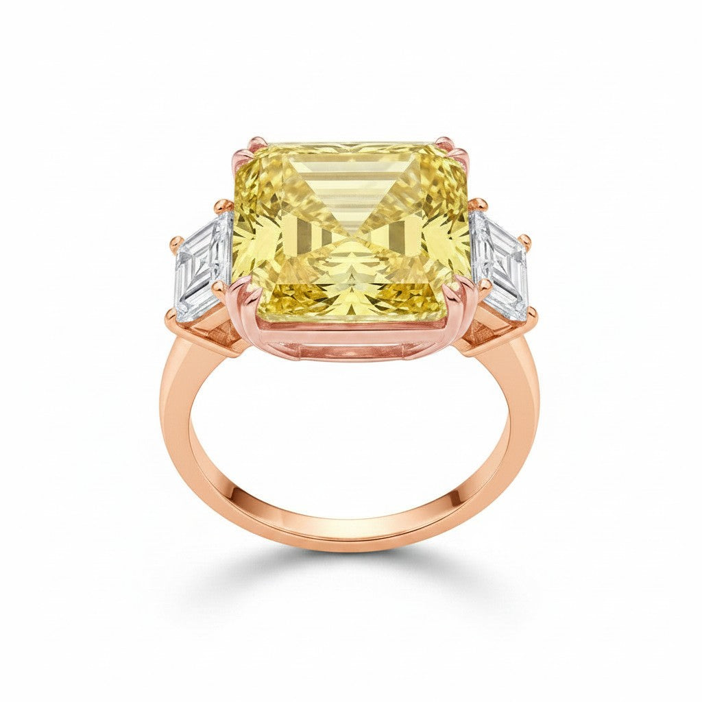 My Store 4 18K rose gold trilogy ring featuring a radiant-cut fancy yellow lab-grown diamond and side baguette stones.