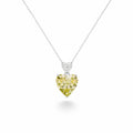My Store 4 pendant necklace featuring a large fancy yellow heart-cut diamond drop with a white heart-cut diamond bail.