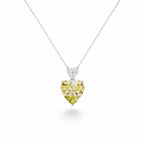 My Store 4 pendant necklace featuring a large fancy yellow heart-cut diamond drop with a white heart-cut diamond bail.