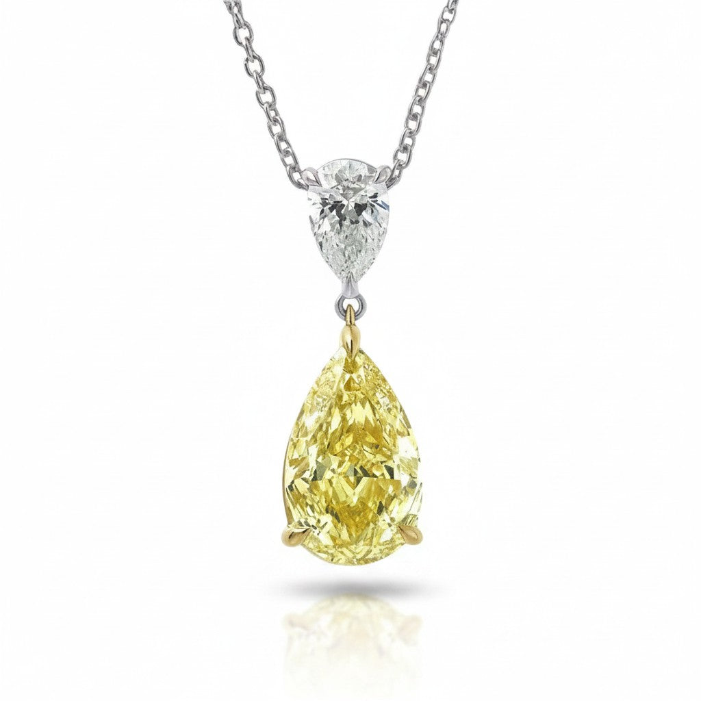 My Store 4 fancy yellow pear-cut diamond pendant necklace with a white diamond bail set in two-tone gold on a cable chain