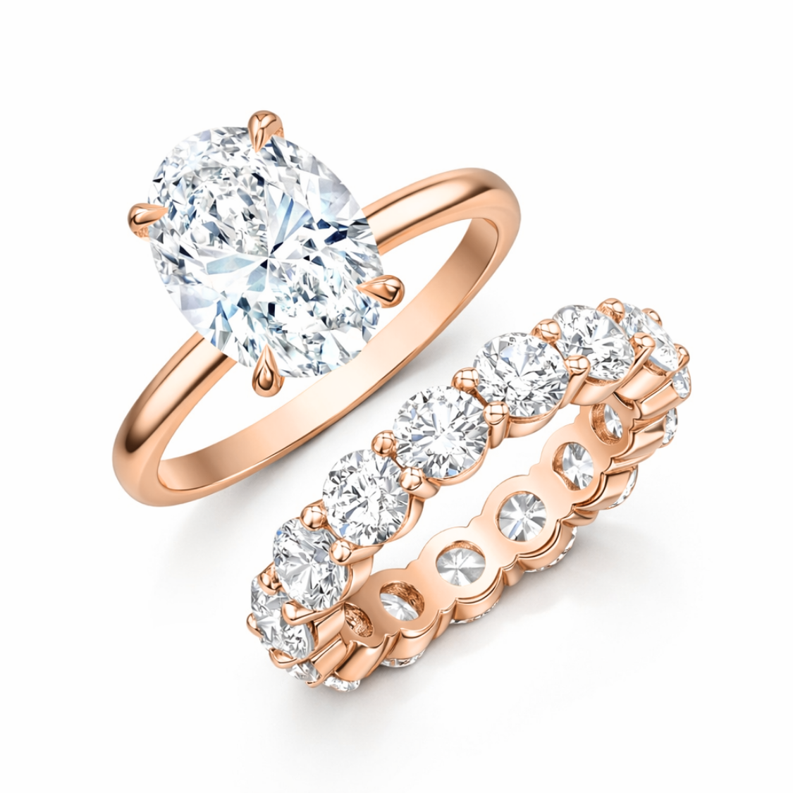 Oval Solitaire and Round Eternity Lab Diamond Ring Set in 18K Gold