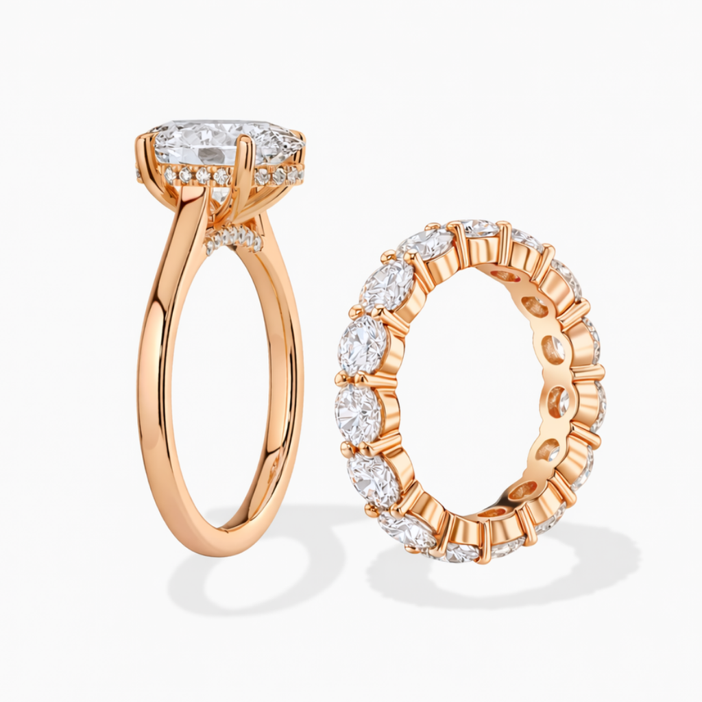 Oval Solitaire and Round Eternity Lab Diamond Ring Set in 18K Gold