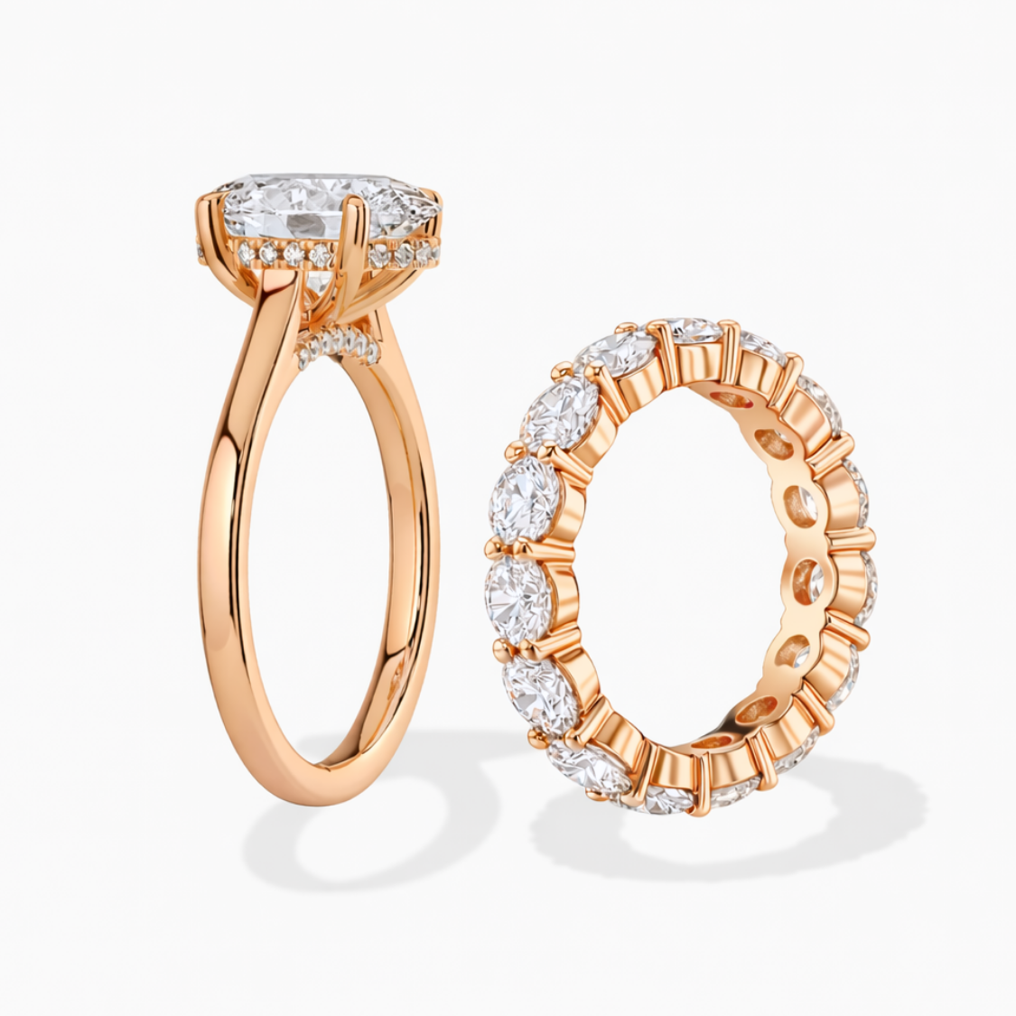 Oval Solitaire and Round Eternity Lab Diamond Ring Set in 18K Gold