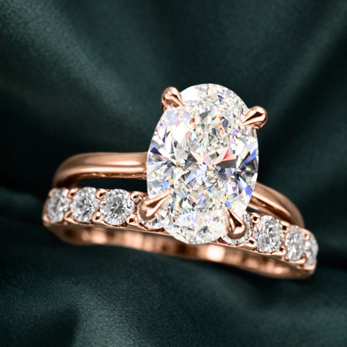Oval Solitaire and Round Eternity Lab Diamond Ring Set in 18K Gold