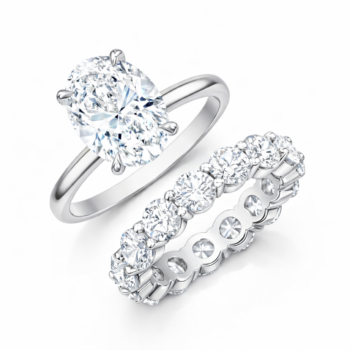 Oval Solitaire and Round Eternity Lab Diamond Ring Set in 18K Gold