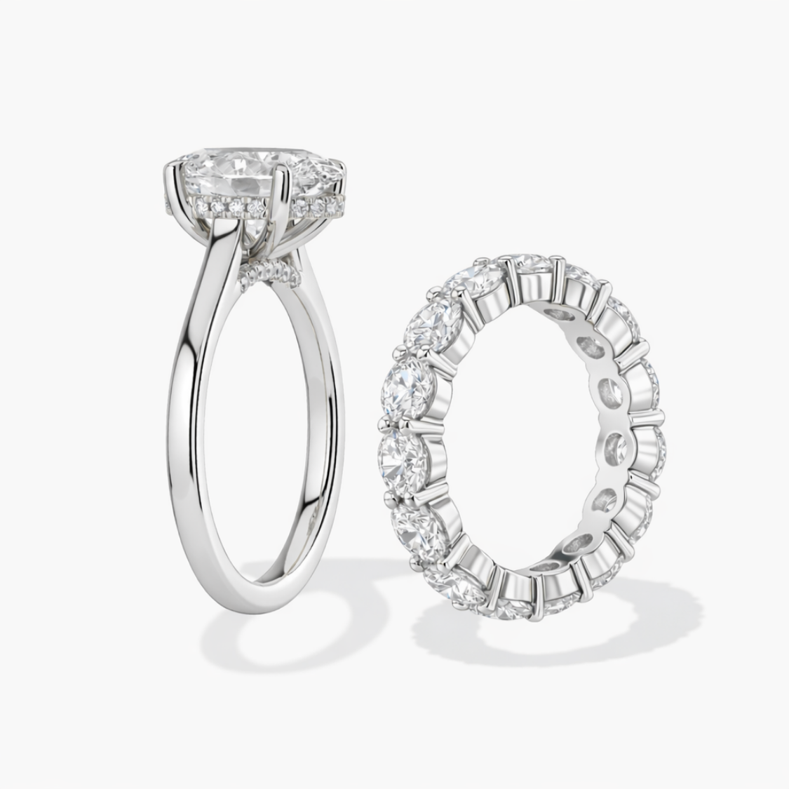 Oval Solitaire and Round Eternity Lab Diamond Ring Set in 18K Gold