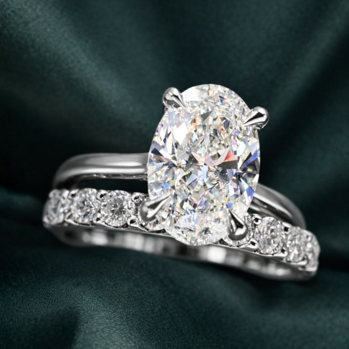 Oval Solitaire and Round Eternity Lab Diamond Ring Set in 18K Gold
