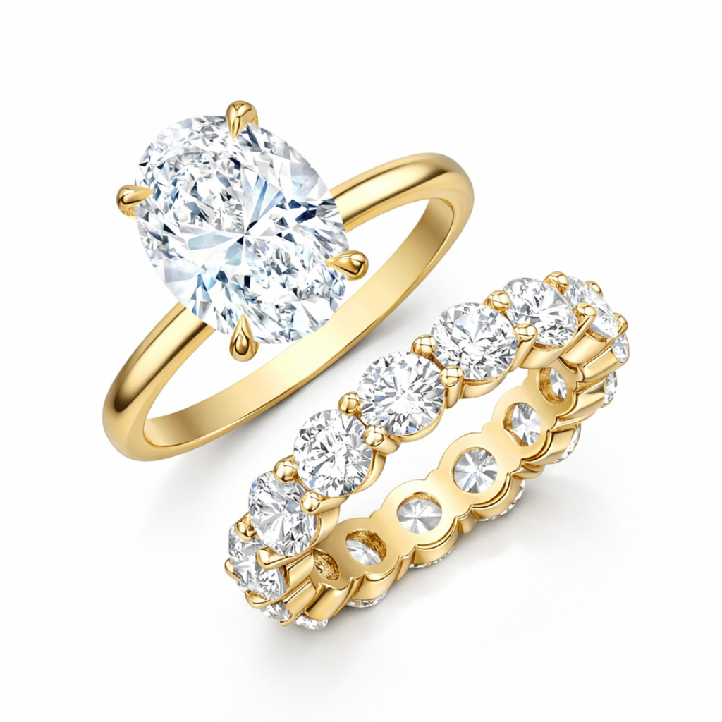 Oval Solitaire and Round Eternity Lab Diamond Ring Set in 18K Gold