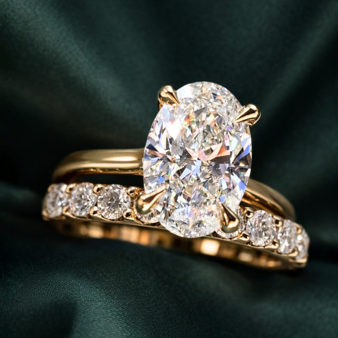 Oval Solitaire and Round Eternity Lab Diamond Ring Set in 18K Gold