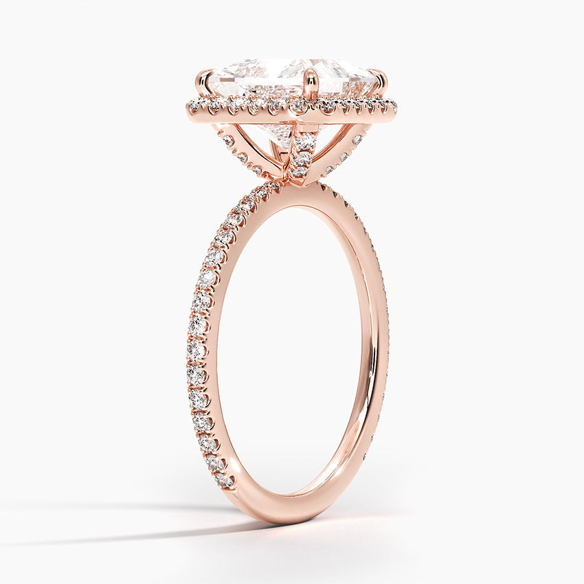 ⁠Princess Cut Halo Pavé Band Engagement Ring in Solid Gold