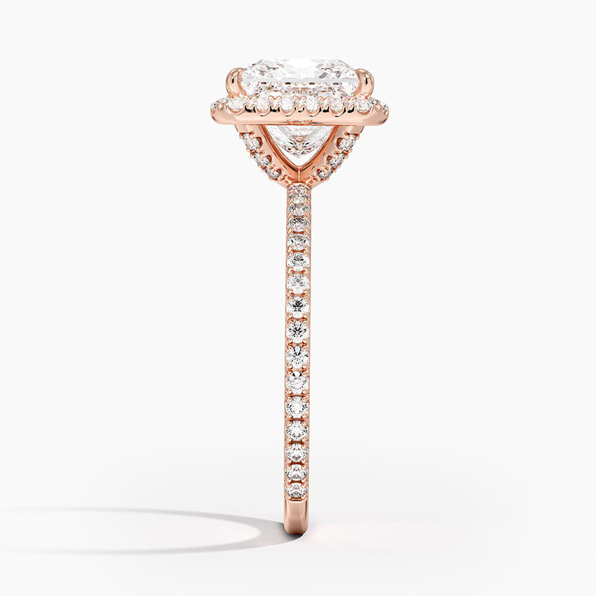 ⁠Princess Cut Halo Pavé Band Engagement Ring in Solid Gold