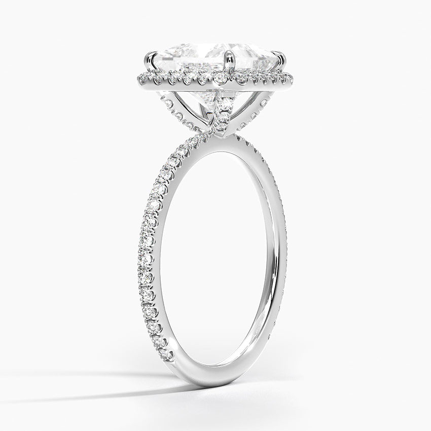 ⁠Princess Cut Halo Pavé Band Engagement Ring in Solid Gold