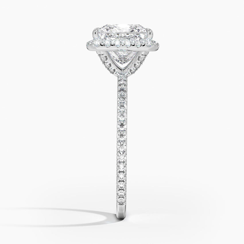 ⁠Princess Cut Halo Pavé Band Engagement Ring in Solid Gold