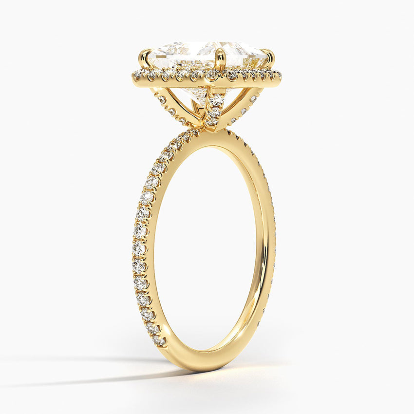 ⁠Princess Cut Halo Pavé Band Engagement Ring in Solid Gold