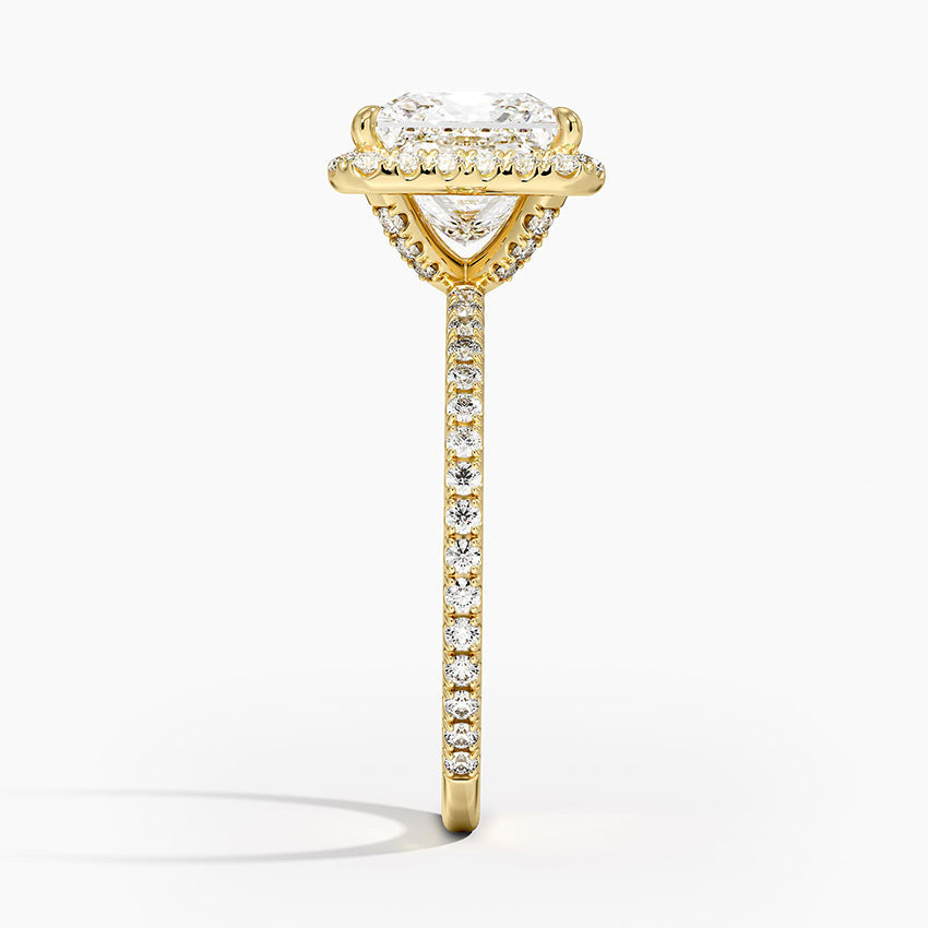 ⁠Princess Cut Halo Pavé Band Engagement Ring in Solid Gold