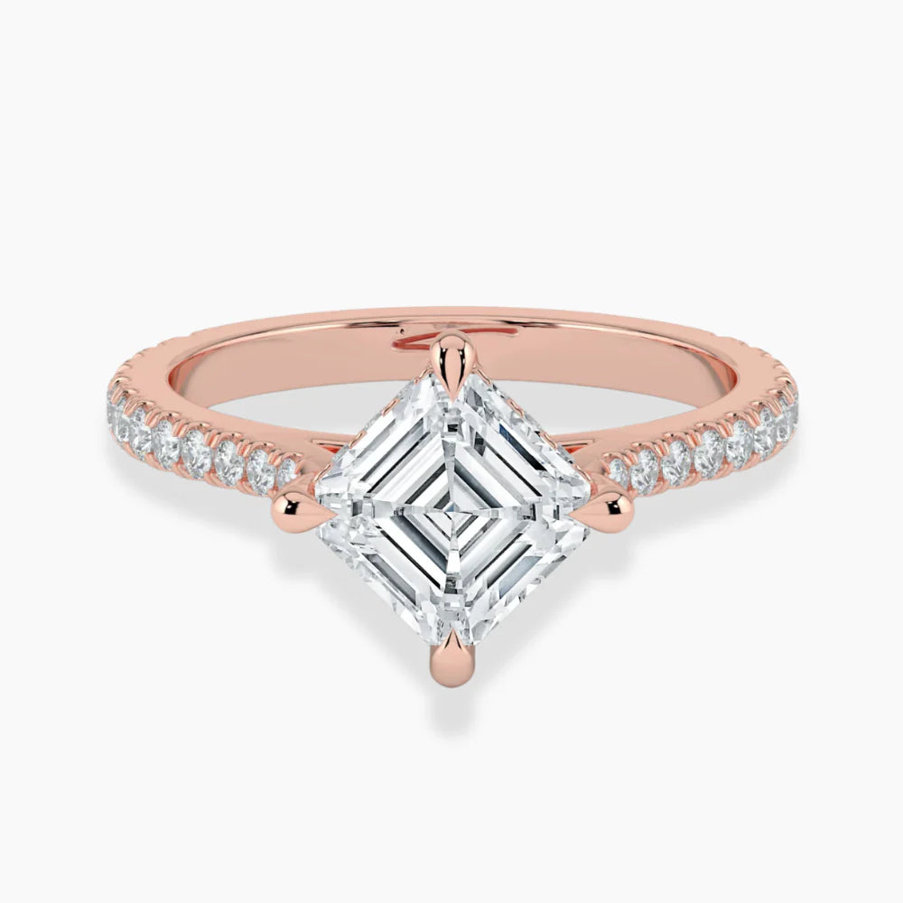 18K Solid Gold Asscher Hidden Halo Lab Grown Diamond Ring