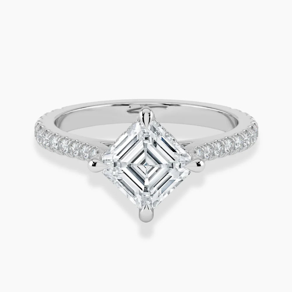 18K Solid Gold Asscher Hidden Halo Lab Grown Diamond Ring