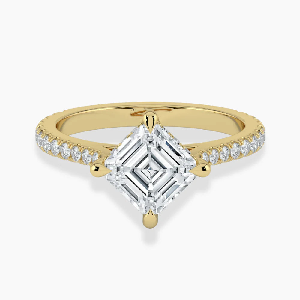 18K Solid Gold Asscher Hidden Halo Lab Grown Diamond Ring