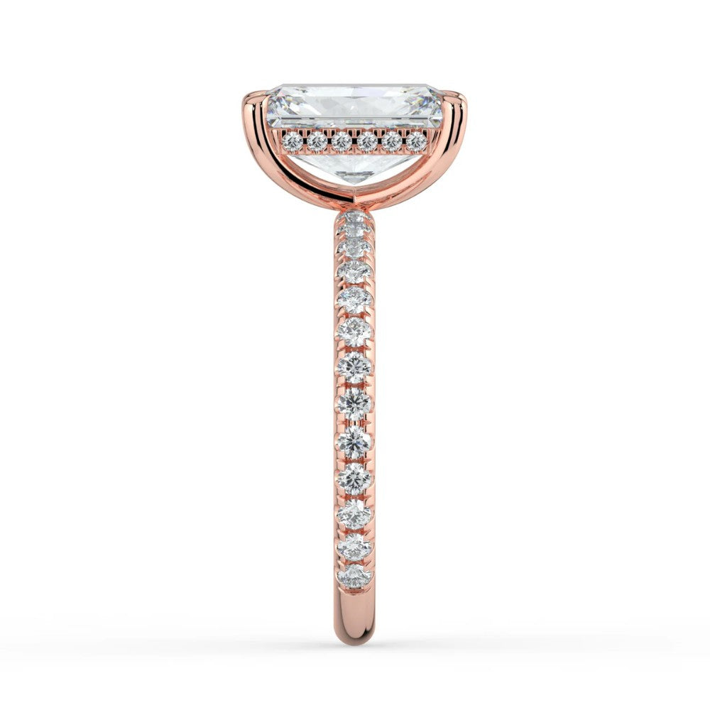 Radiant Cut Solitaire with Hidden Halo Pavé Band Engagement Ring in Solid Gold⁠