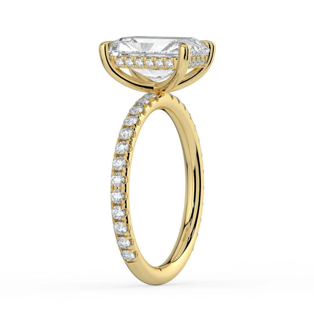 Radiant Cut Solitaire with Hidden Halo Pavé Band Engagement Ring in Solid Gold⁠