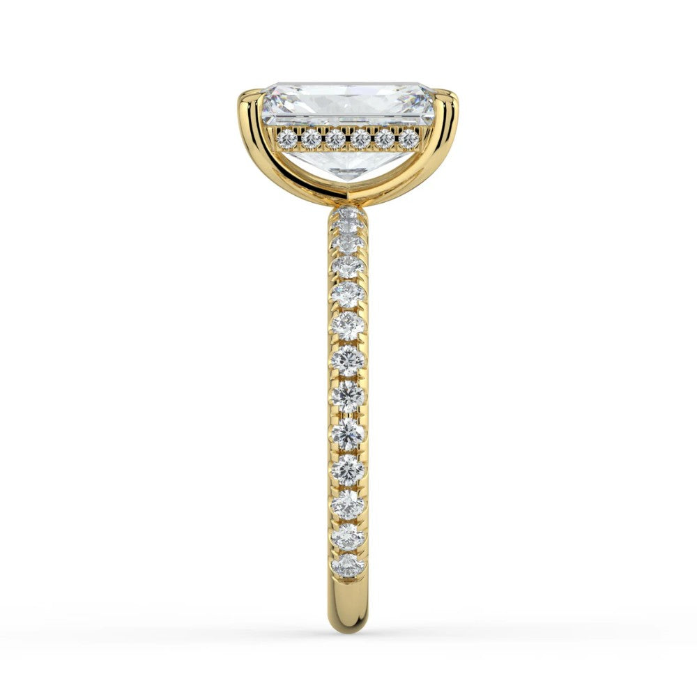 Radiant Cut Solitaire with Hidden Halo Pavé Band Engagement Ring in Solid Gold⁠