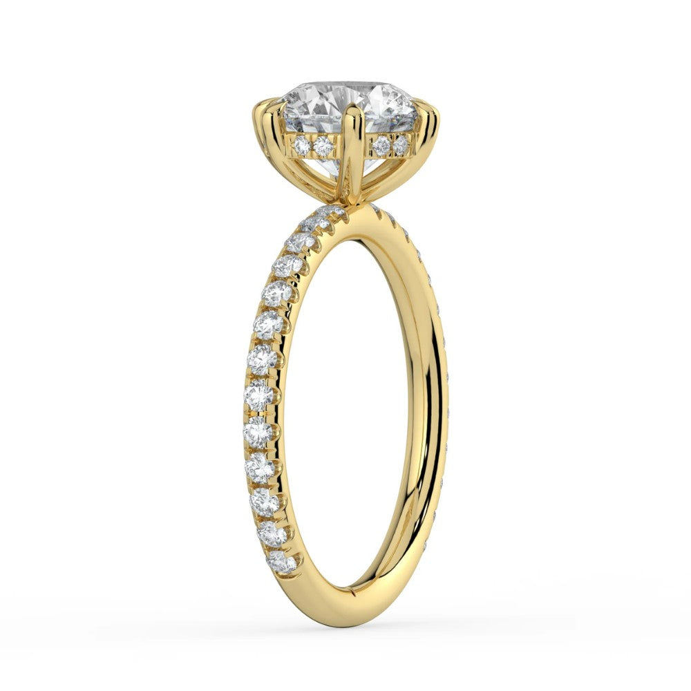 ⁠Round Cut Hidden Halo Pavé Engagement Ring in Solid Gold⁠