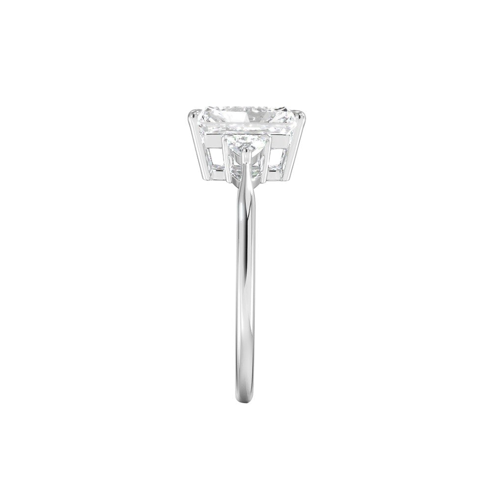 Radiant Cut Three-Stone Ring with Trillion Diamond Side Accent Stones in Solid Gold
