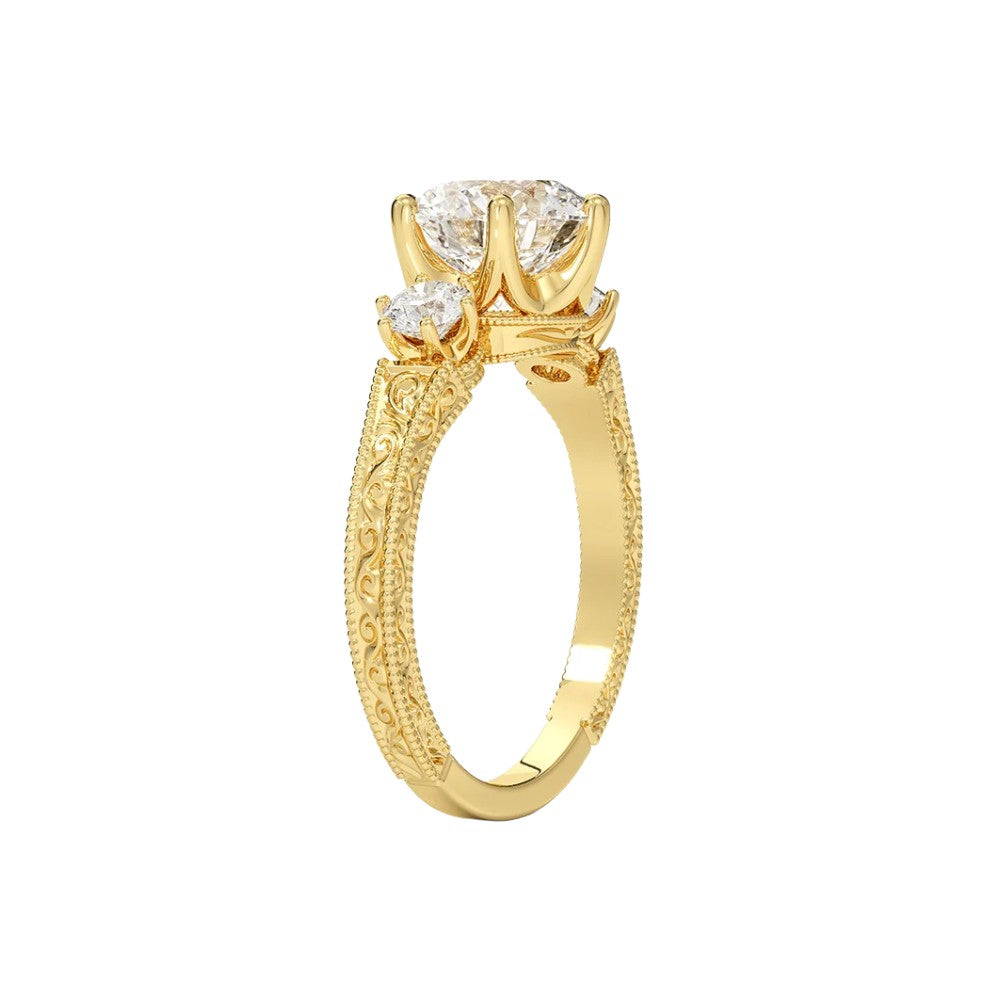 Vintage Engraved Round Cut Three-Stone Engagement Ring in Solid Gold⁠