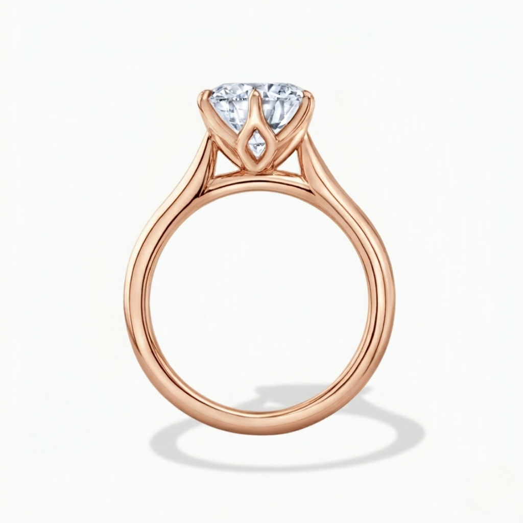 4 Carat Round Solitaire Lab Grown Diamond Tulip Petal (6 prongs) Cathedral Setting Engagement Ring in 18K Gold