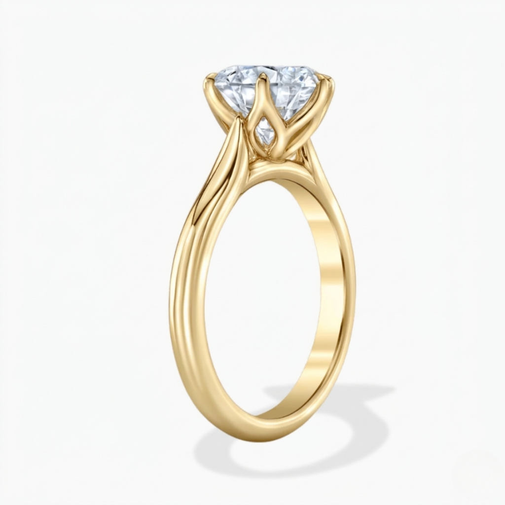 4 Carat Round Solitaire Lab Grown Diamond Tulip Petal (6 prongs) Cathedral Setting Engagement Ring in 18K Gold