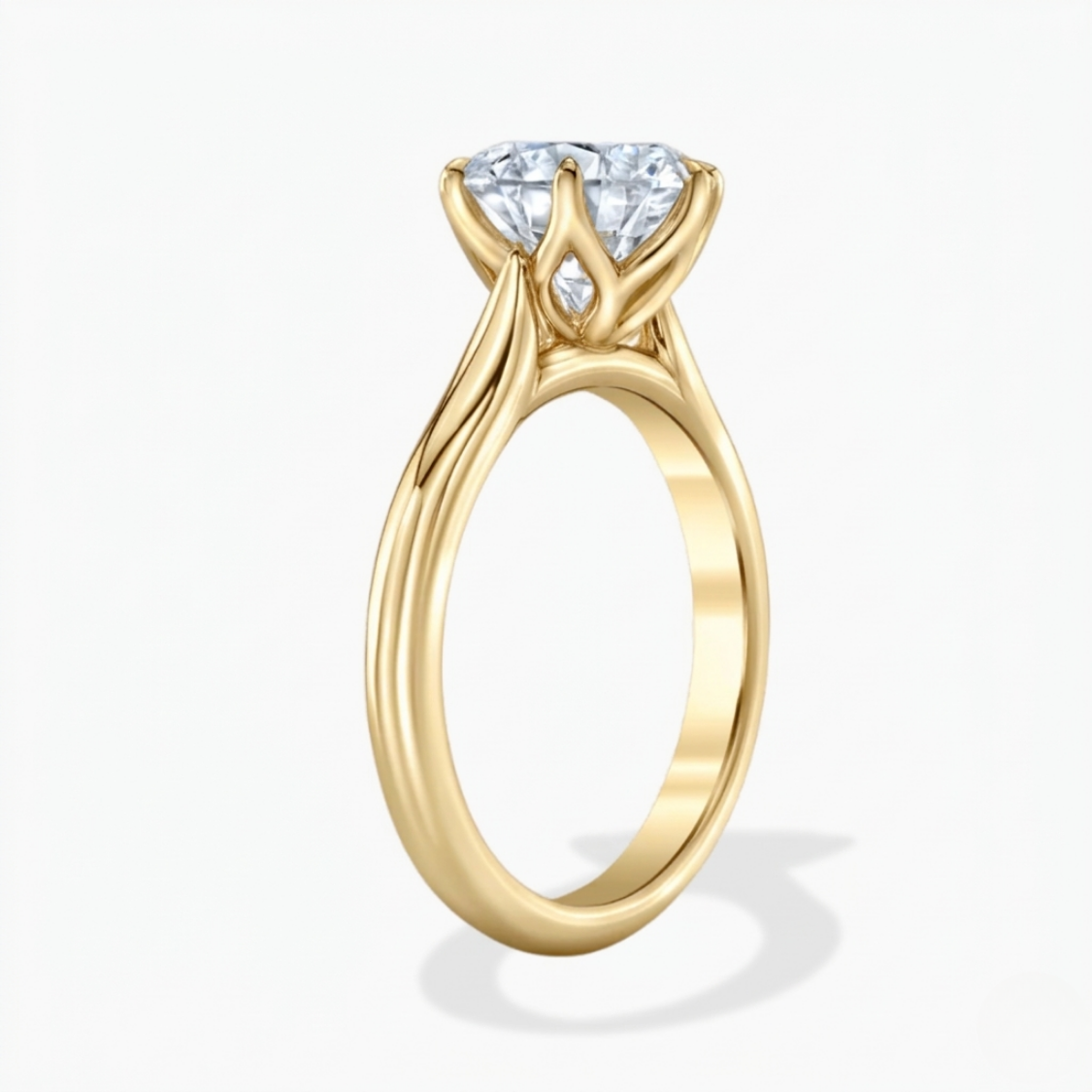4 Carat Round Solitaire Lab Grown Diamond Tulip Petal (6 prongs) Cathedral Setting Engagement Ring in 18K Gold