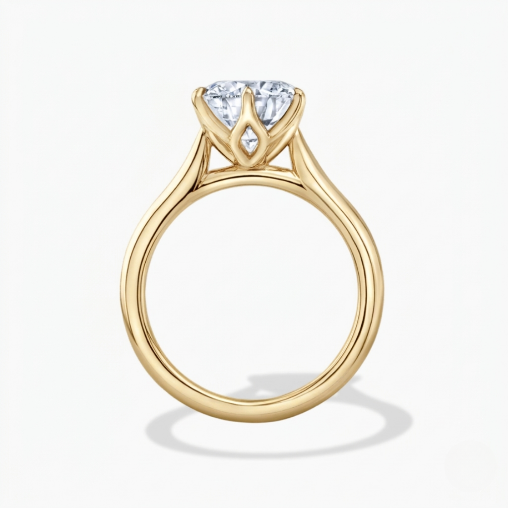 4 Carat Round Solitaire Lab Grown Diamond Tulip Petal (6 prongs) Cathedral Setting Engagement Ring in 18K Gold