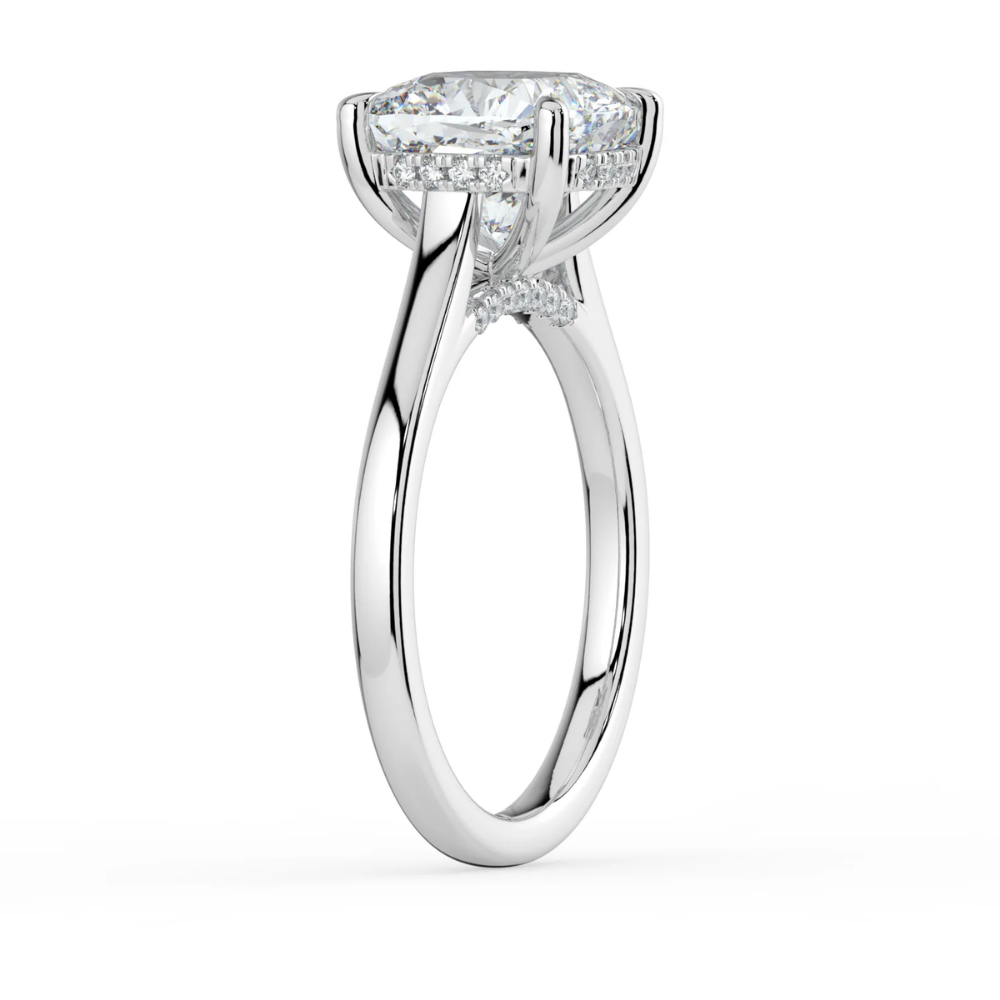18K Solid Gold Cushion Hidden Halo Cathedral Diamond Ring