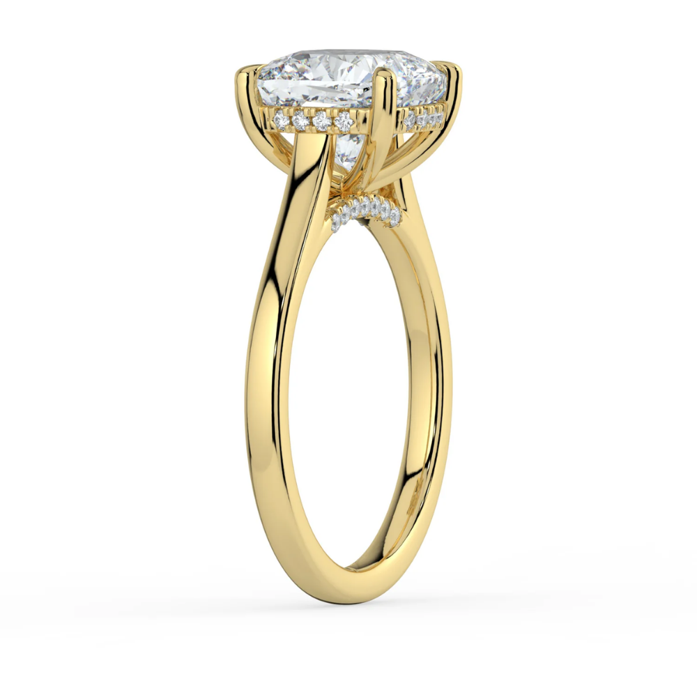 18K Solid Gold Cushion Hidden Halo Cathedral Diamond Ring